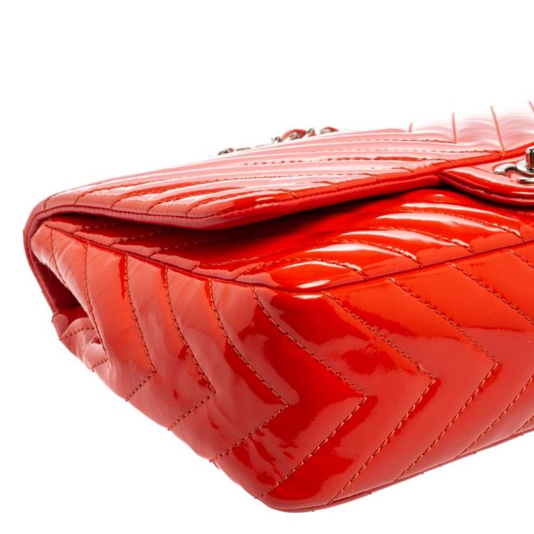 Pre Owned Chanel Orange Chevron Patent Leather Jumbo Classic Single Flap Bag