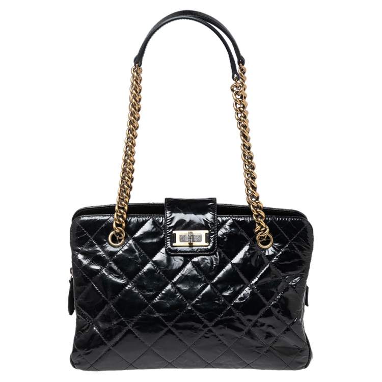 AUTH CHANEL 2.55 225 REISSUE BLACK PATENT LEATHER FLAP BAG GOLD HW 8800+ usd