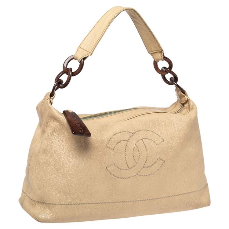 مملوكة مسبقًا Chanel Nude Beige Caviar Leather CC Wood Chain Hobo