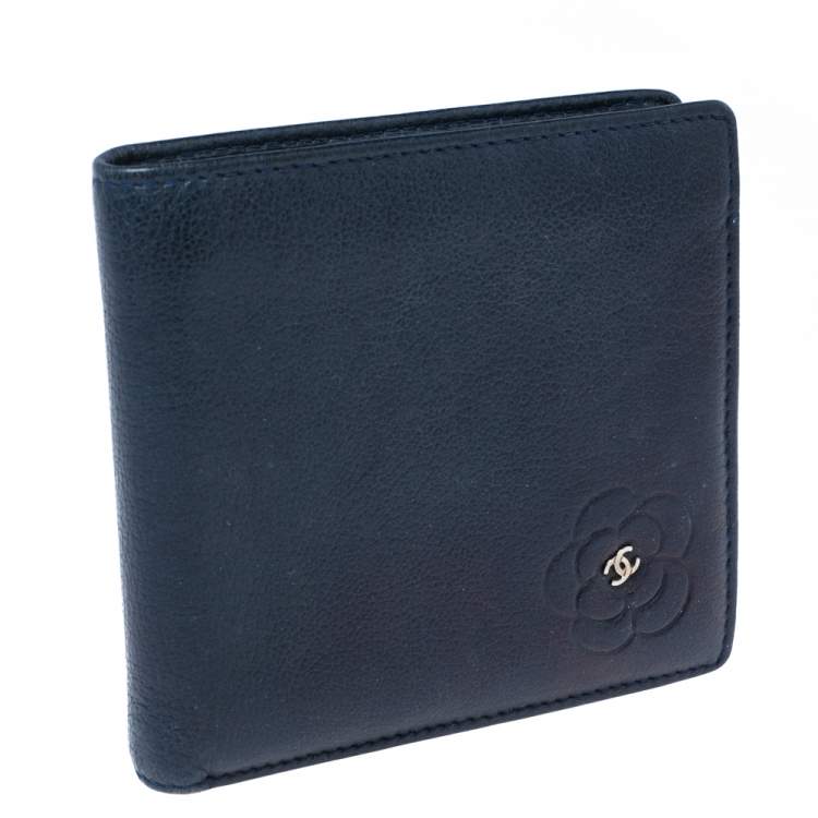 Pre Owned Chanel Dark Blue Leather CC Camellia Bifold Wallet