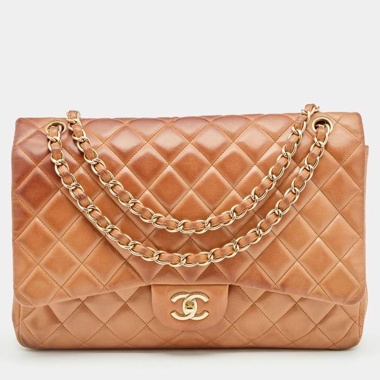 Chanel Timeless Classic Maxi Double Flap Bag In Honey Beige Caviar