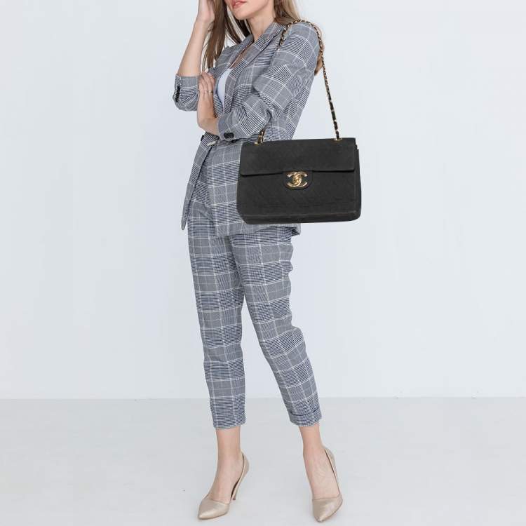 Pre Owned Chanel Black Quilted Fabric Vintage Maxi Classic Single Flap Bag