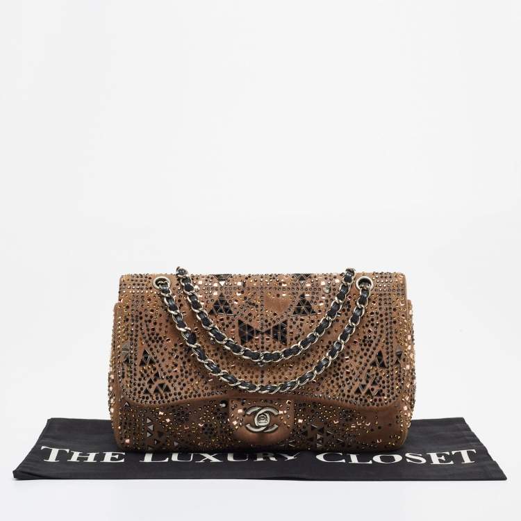Pre Owned Chanel Brown Suede Medium Classic Crystal Embellished Single Flap Bag