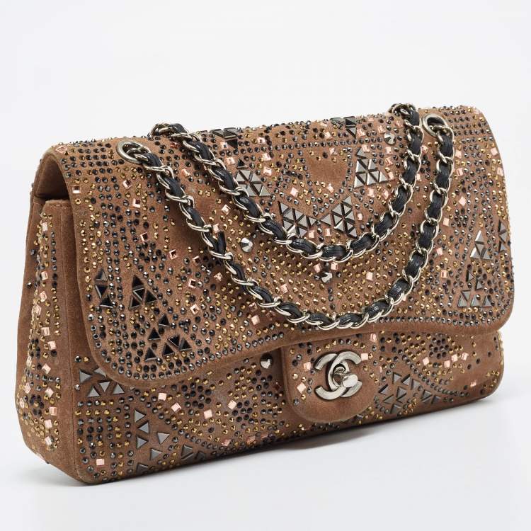 Pre Owned Chanel Brown Suede Medium Classic Crystal Embellished Single Flap Bag