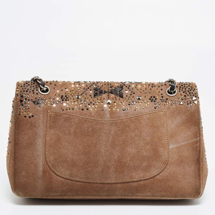 Pre Owned Chanel Brown Suede Medium Classic Crystal Embellished Single Flap Bag