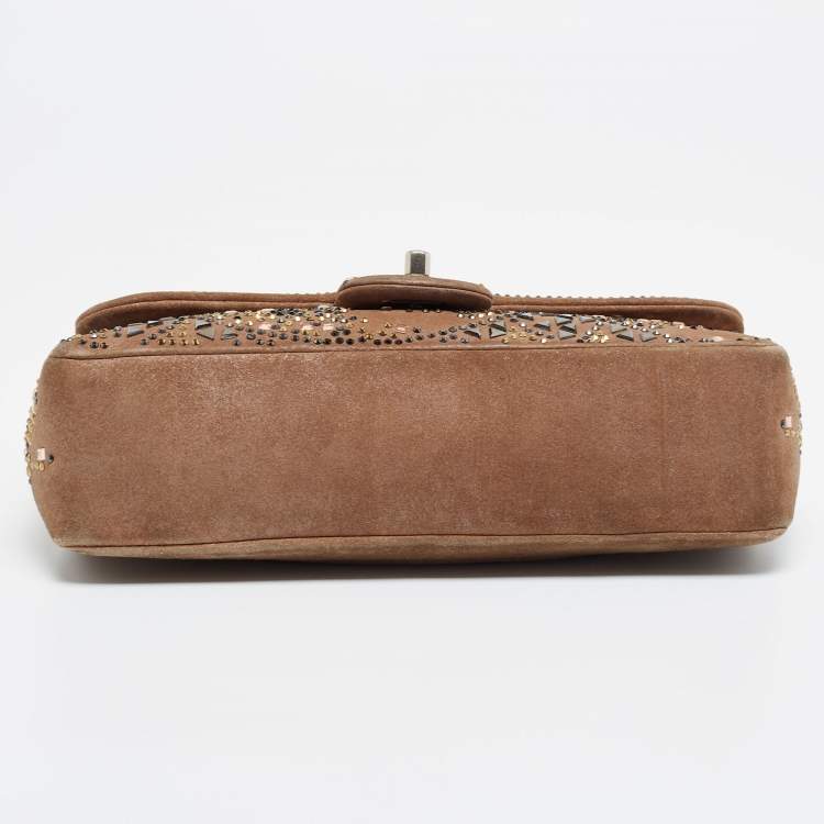 Pre Owned Chanel Brown Suede Medium Classic Crystal Embellished Single Flap Bag