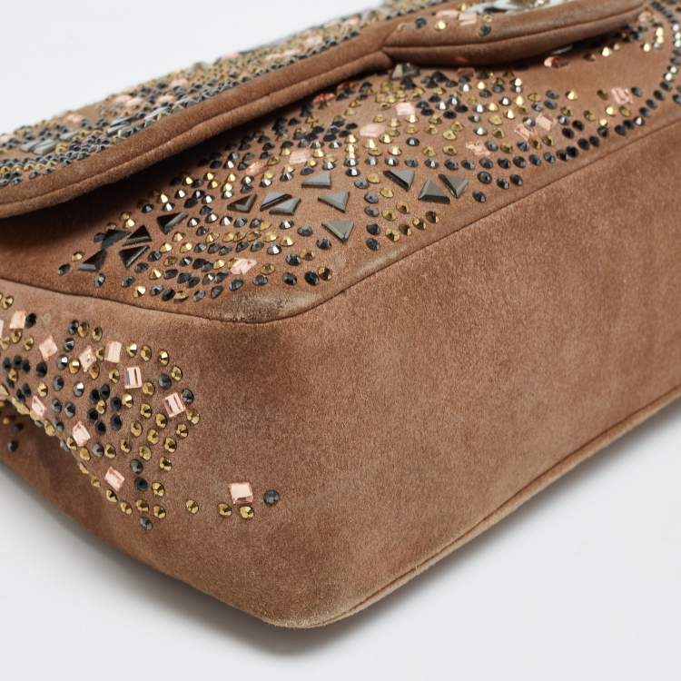 Pre Owned Chanel Brown Suede Medium Classic Crystal Embellished Single Flap Bag