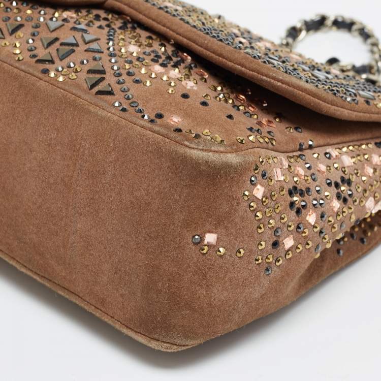 Pre Owned Chanel Brown Suede Medium Classic Crystal Embellished Single Flap Bag