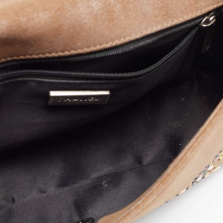 Pre Owned Chanel Brown Suede Medium Classic Crystal Embellished Single Flap Bag