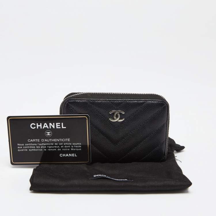 Pre Owned Chanel Black Quilted Caviar Leather Zip Around Coin Purse