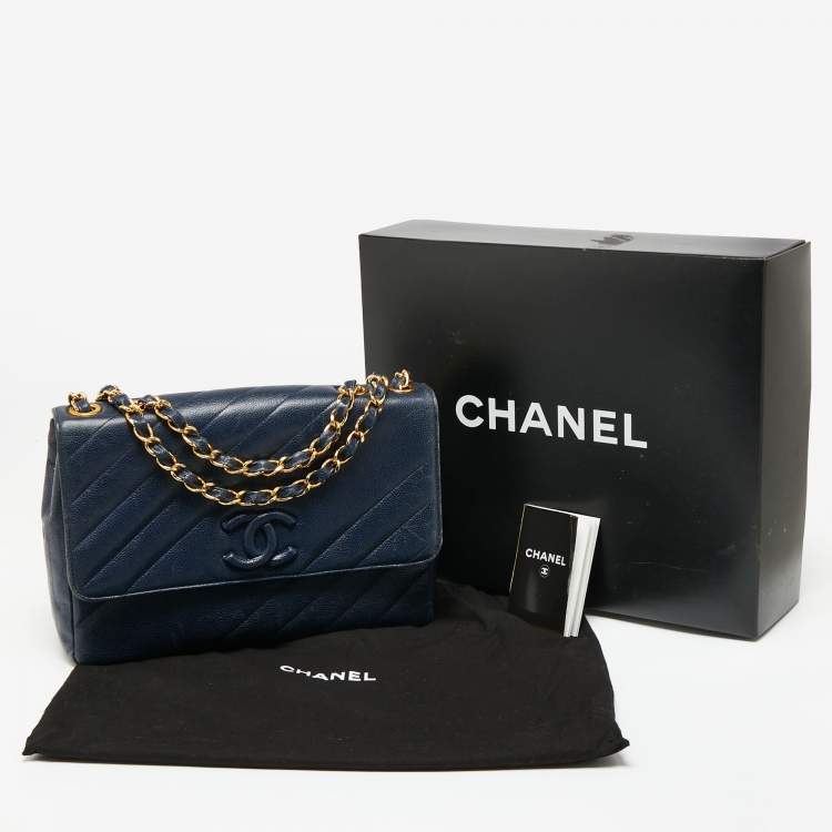 Pre Owned Chanel Navy Blue Diagonal Quilt Caviar Leather Vintage Jumbo Classic Flap Bag