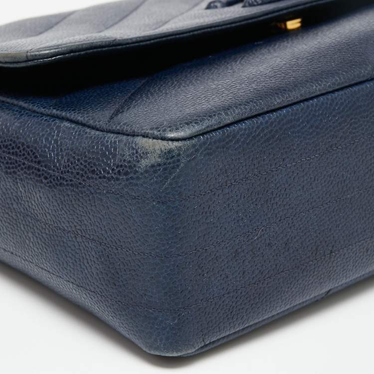 Pre Owned Chanel Navy Blue Diagonal Quilt Caviar Leather Vintage Jumbo Classic Flap Bag