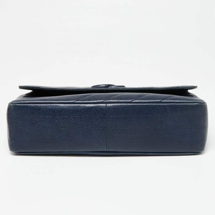 Pre Owned Chanel Navy Blue Diagonal Quilt Caviar Leather Vintage Jumbo Classic Flap Bag