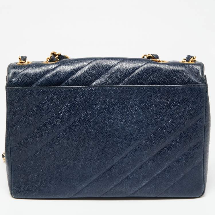 Pre Owned Chanel Navy Blue Diagonal Quilt Caviar Leather Vintage Jumbo Classic Flap Bag