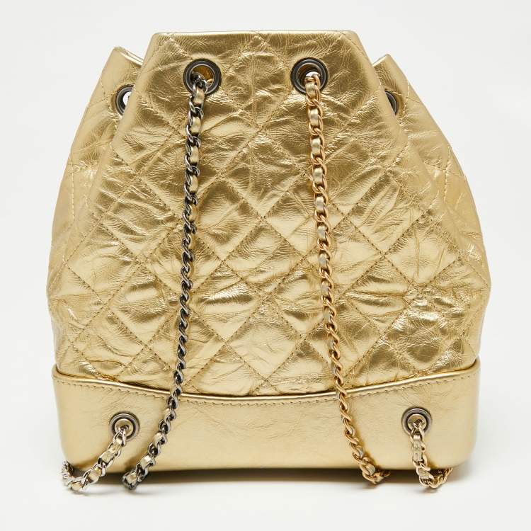 Pre Owned Chanel Gold Quilted Laminated Leather Small Gabrielle Backpack