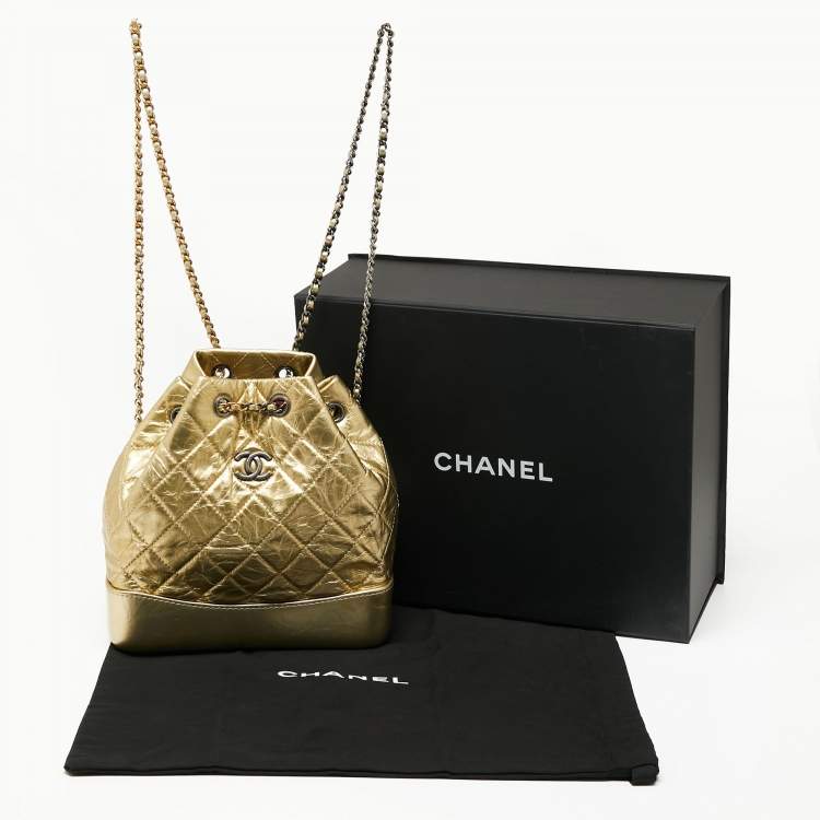 Pre Owned Chanel Gold Quilted Laminated Leather Small Gabrielle Backpack
