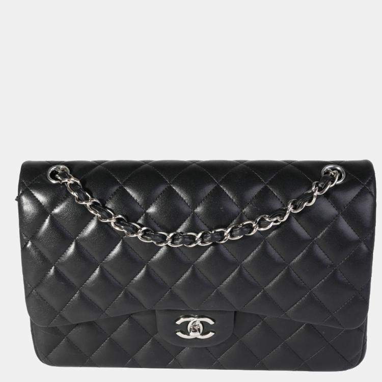 Chanel Classic Jumbo Double Flap Black Quilted Caviar Silver