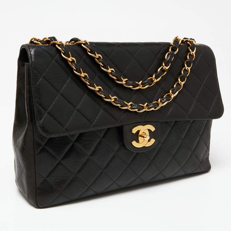 Pre Owned Chanel Black Quilted Leather Jumbo Classic Single Flap Bag