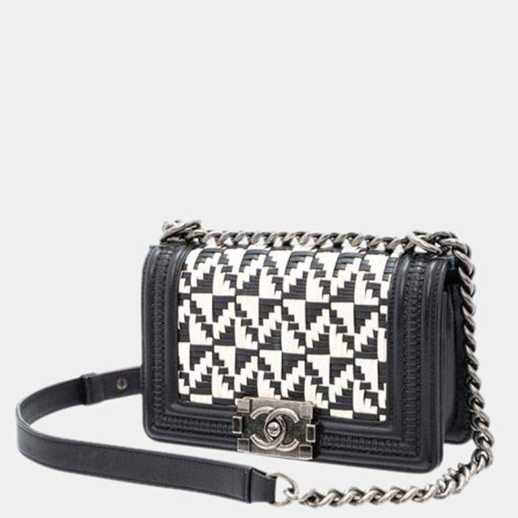 Chanel Black/White Woven Leather CC Medium Boy Bag Chanel