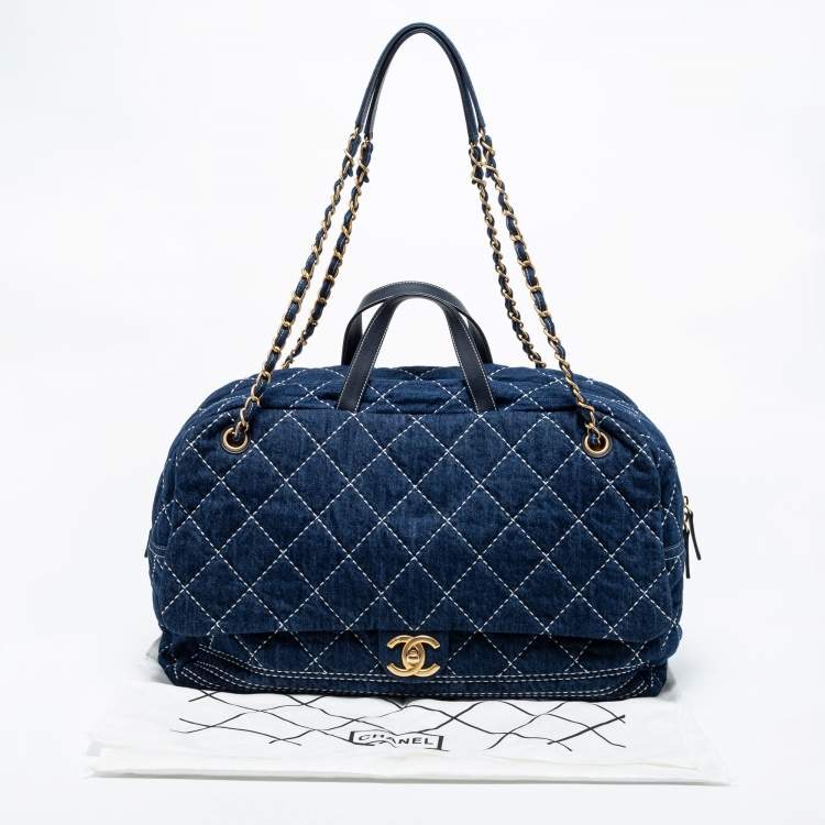 Pre Owned Chanel Blue Quilted Denim Large Bowling Bag