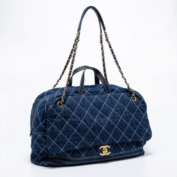 Pre Owned Chanel Blue Quilted Denim Large Bowling Bag