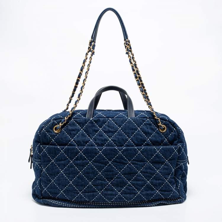 Pre Owned Chanel Blue Quilted Denim Large Bowling Bag