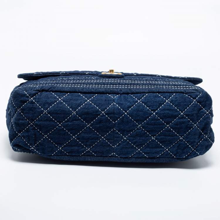 Pre Owned Chanel Blue Quilted Denim Large Bowling Bag