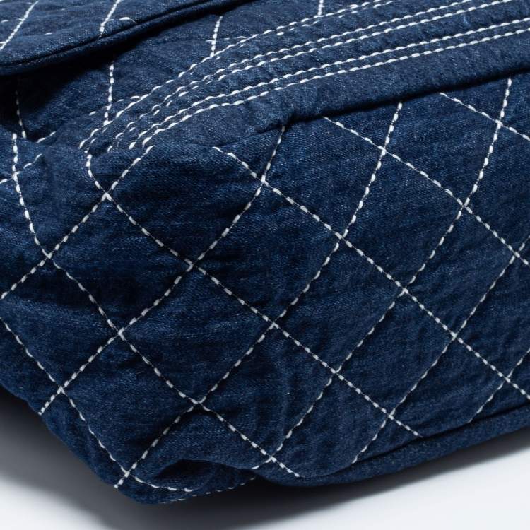 Pre Owned Chanel Blue Quilted Denim Large Bowling Bag
