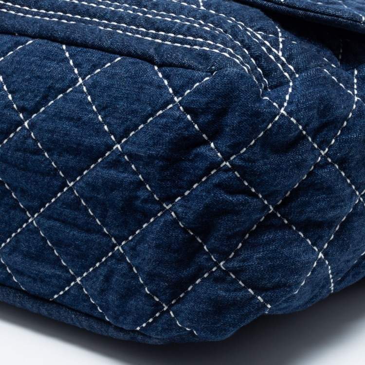 Pre Owned Chanel Blue Quilted Denim Large Bowling Bag