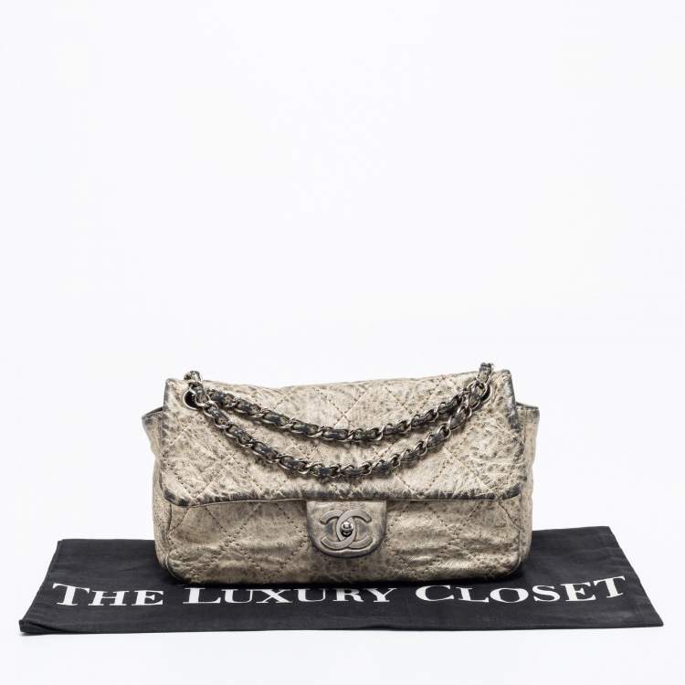 Pre Owned Chanel Light Gold Crinkled Leather Medium Classic Single Flap Bag