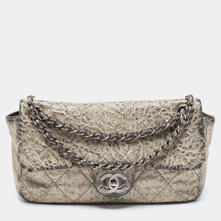 Pre Owned Chanel Light Gold Crinkled Leather Medium Classic Single Flap Bag