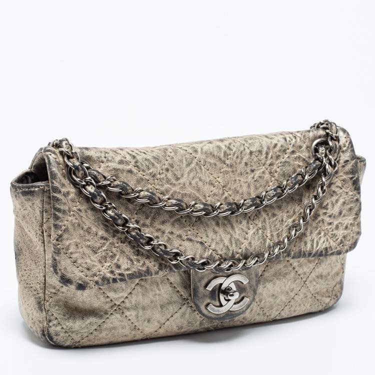 Pre Owned Chanel Light Gold Crinkled Leather Medium Classic Single Flap Bag