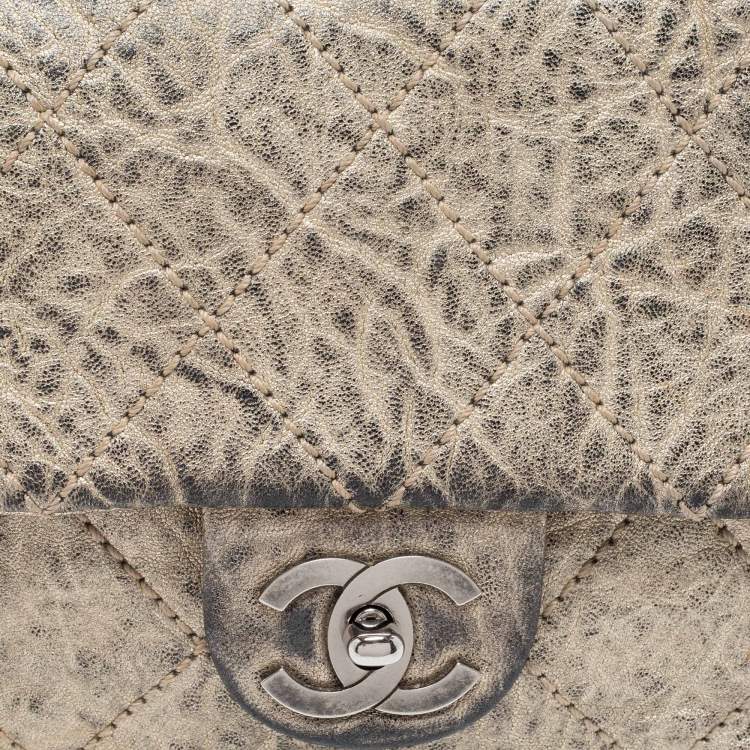 Pre Owned Chanel Light Gold Crinkled Leather Medium Classic Single Flap Bag