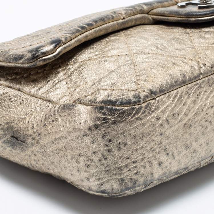 Pre Owned Chanel Light Gold Crinkled Leather Medium Classic Single Flap Bag
