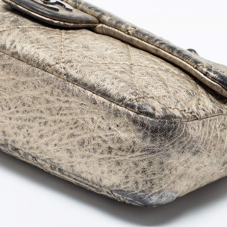 Pre Owned Chanel Light Gold Crinkled Leather Medium Classic Single Flap Bag