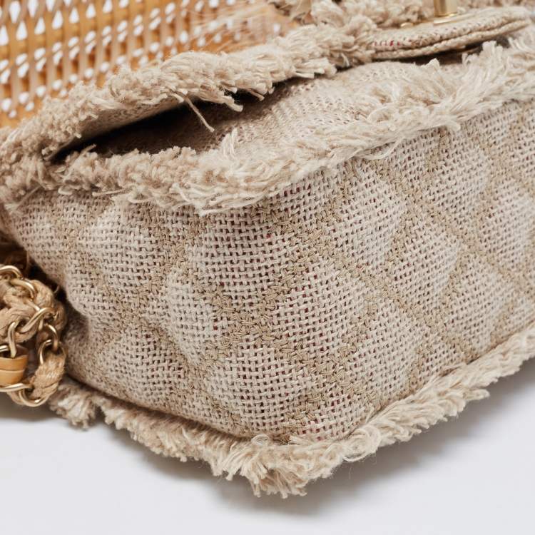 Pre Owned Chanel Beige Quilted Jute And Wicker Floral Embellished Wild Stitch Flap Bag