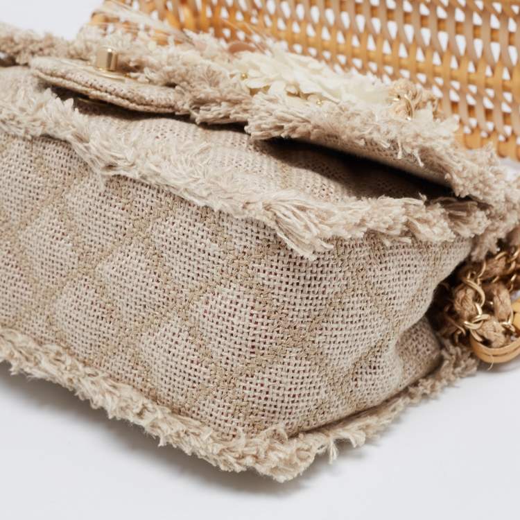 Pre Owned Chanel Beige Quilted Jute And Wicker Floral Embellished Wild Stitch Flap Bag