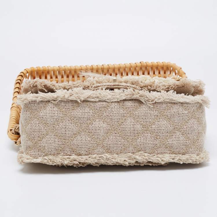Pre Owned Chanel Beige Quilted Jute And Wicker Floral Embellished Wild Stitch Flap Bag