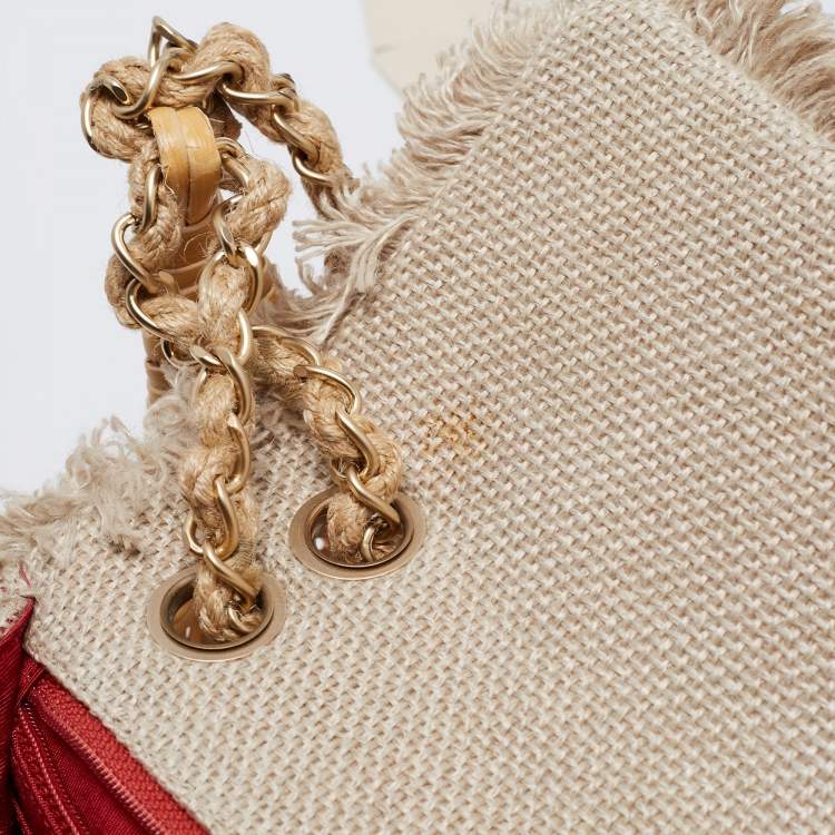 Pre Owned Chanel Beige Quilted Jute And Wicker Floral Embellished Wild Stitch Flap Bag