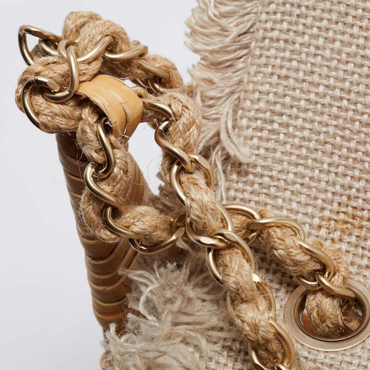 Pre Owned Chanel Beige Quilted Jute And Wicker Floral Embellished Wild Stitch Flap Bag