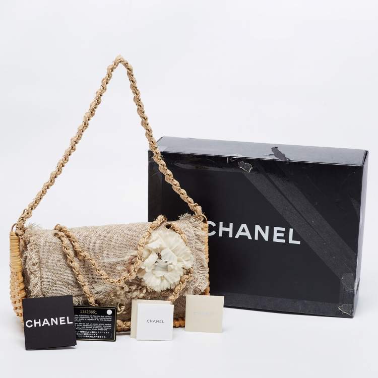 Pre Owned Chanel Beige Quilted Jute And Wicker Floral Embellished Wild Stitch Flap Bag