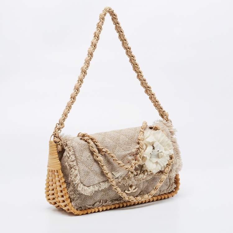 Pre Owned Chanel Beige Quilted Jute And Wicker Floral Embellished Wild Stitch Flap Bag