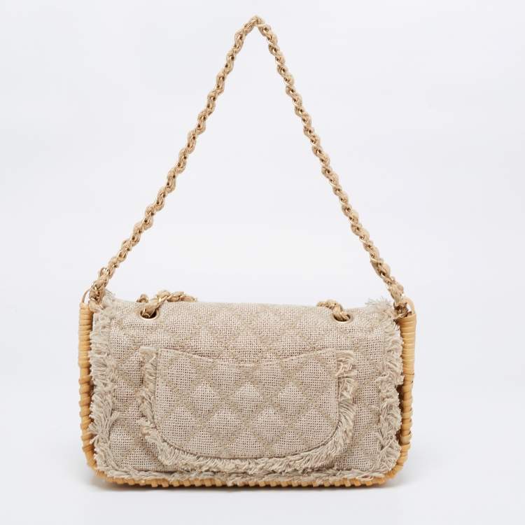 Pre Owned Chanel Beige Quilted Jute And Wicker Floral Embellished Wild Stitch Flap Bag
