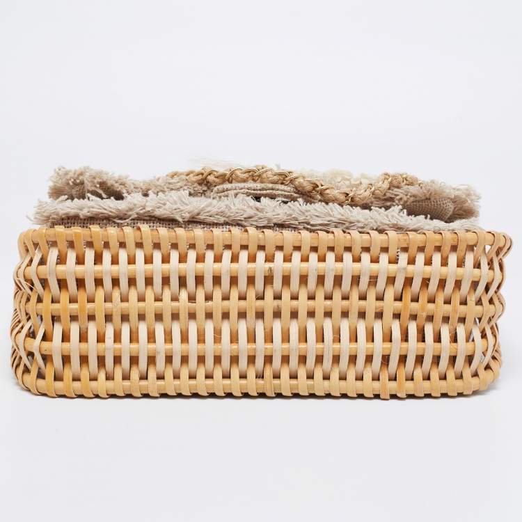 Pre Owned Chanel Beige Quilted Jute And Wicker Floral Embellished Wild Stitch Flap Bag