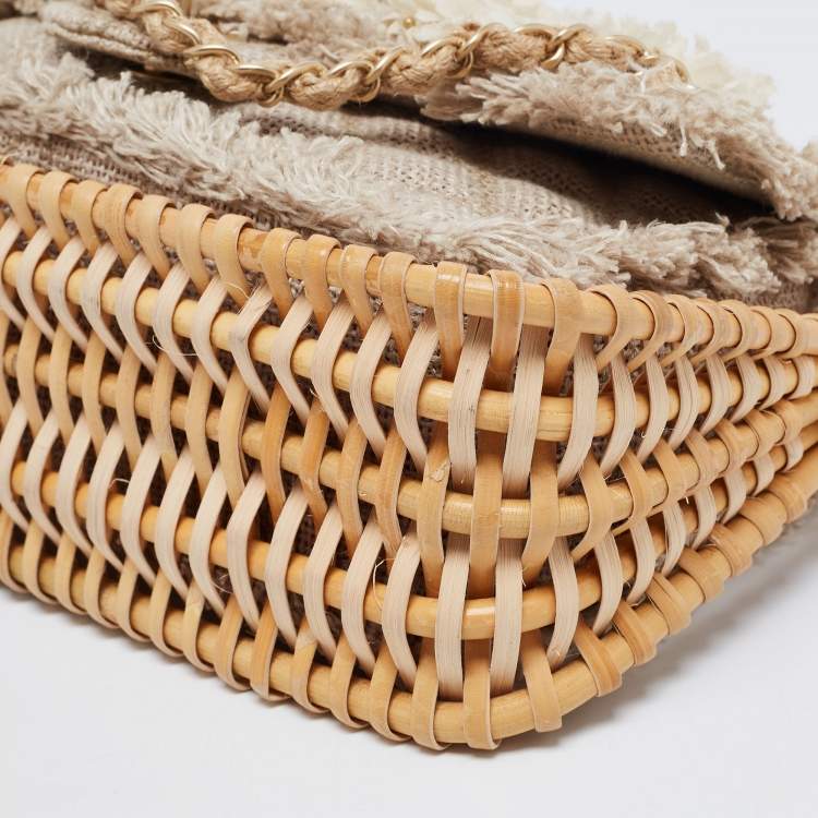 Pre Owned Chanel Beige Quilted Jute And Wicker Floral Embellished Wild Stitch Flap Bag