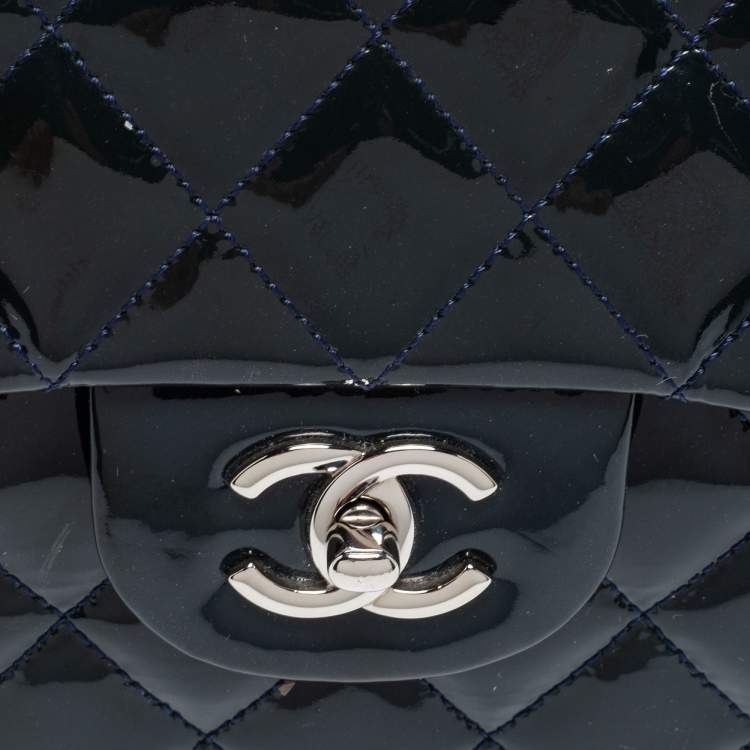 Pre Owned Chanel Navy Blue Quilted Patent Leather Jumbo Classic Single Flap Bag