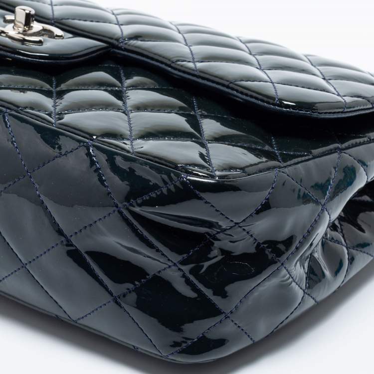 Pre Owned Chanel Navy Blue Quilted Patent Leather Jumbo Classic Single Flap Bag