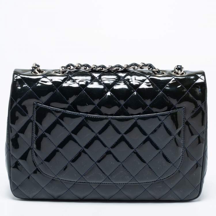Pre Owned Chanel Navy Blue Quilted Patent Leather Jumbo Classic Single Flap Bag