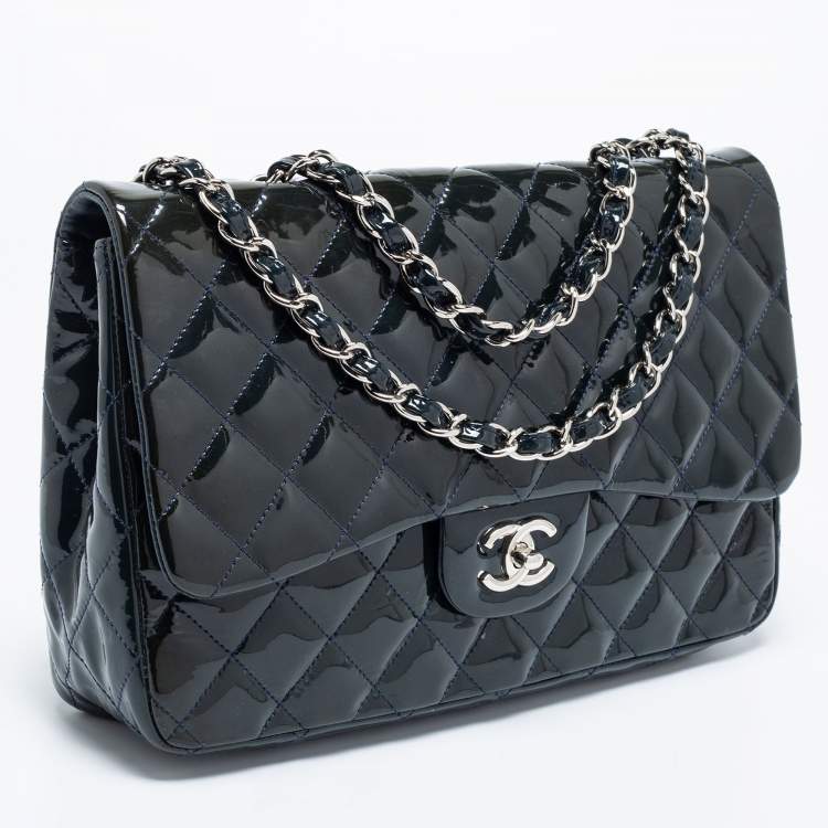 Pre Owned Chanel Navy Blue Quilted Patent Leather Jumbo Classic Single Flap Bag