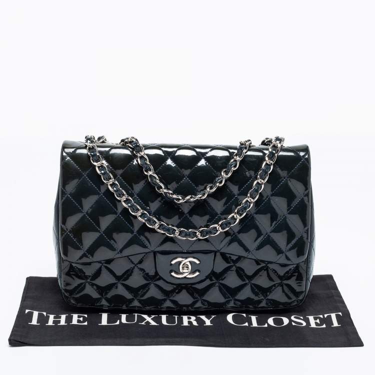 Pre Owned Chanel Navy Blue Quilted Patent Leather Jumbo Classic Single Flap Bag
